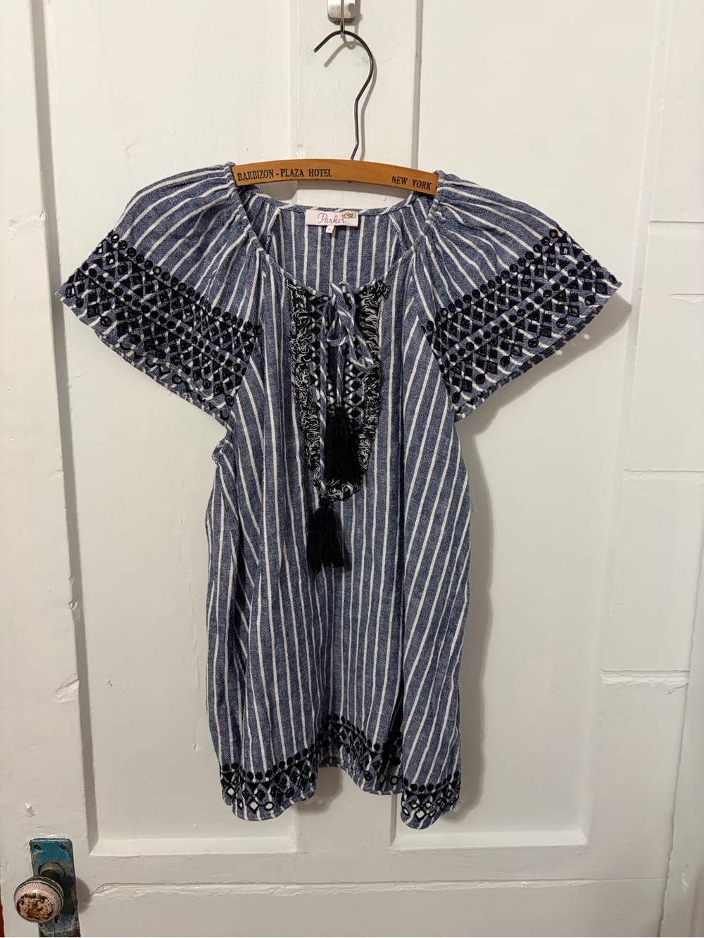 Parker Striped Short Sleeve Front
Tassel Linen Blend Top
